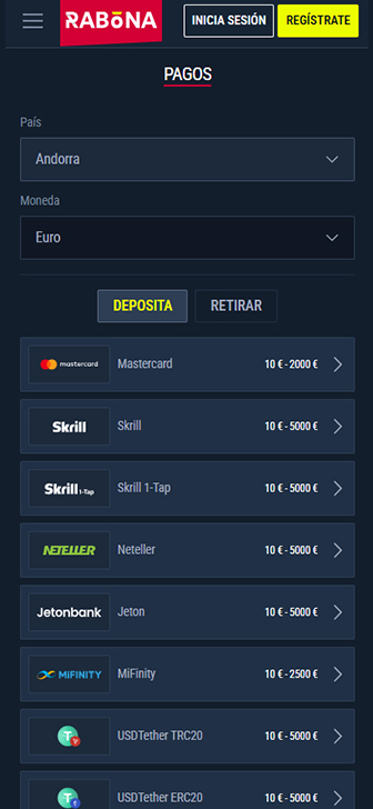 Métodos de pago disponibles en el casino Rabona