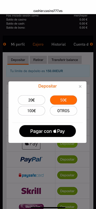 Posibles cantidades a depositar en casinos con Apple Pay.