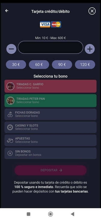 Menú mostrando métodos de pago disponibles en Casino Gran Madrid.