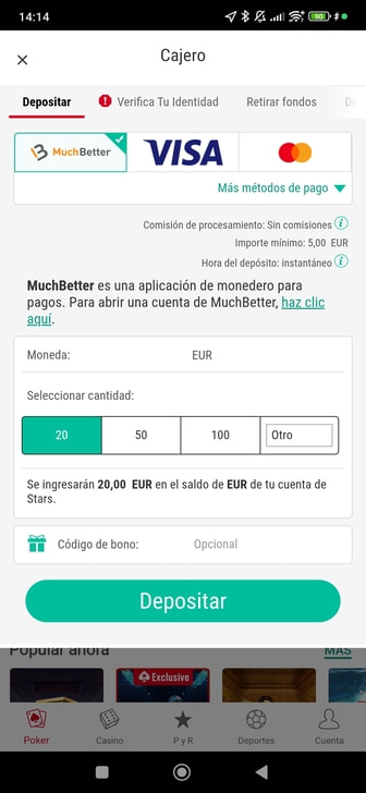 Selector de depósito en el cajero de un casino con MuchBetter.