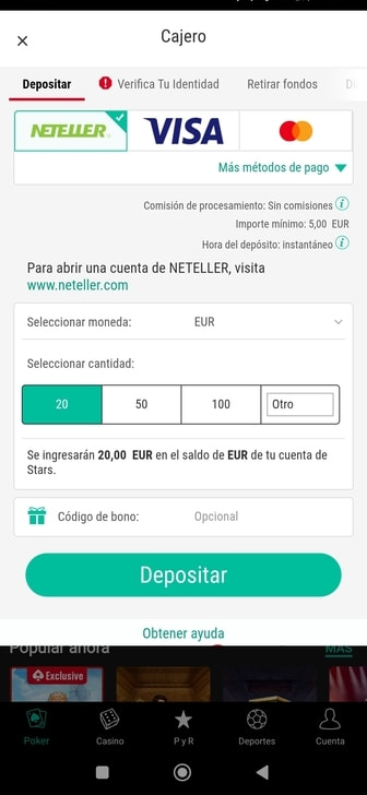 Pantalla de depósito específica para Neteller.