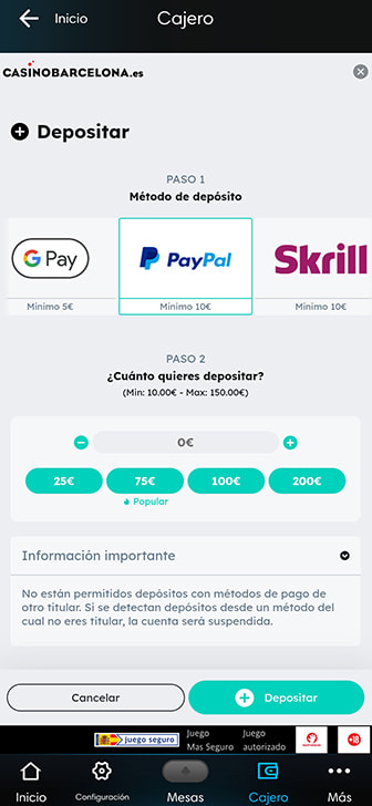 Métodos de pago disponibles en Casino Barcelona.