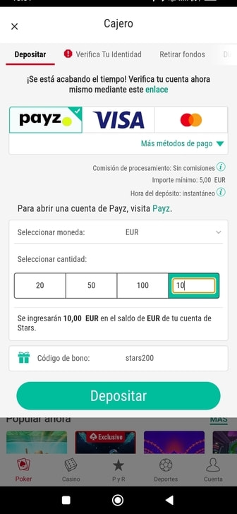 Selector de importe para depósito en casinos con Payz.