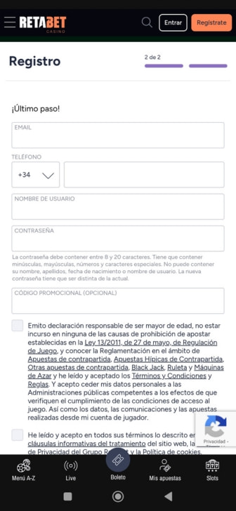 Formulario de registro con email y teléfono