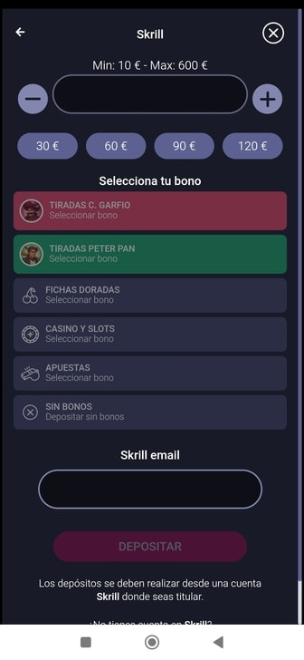 Menú de los métodos de pago disponibles en Casino Gran Madrid.