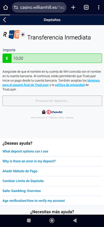 Depósito de 10€ en un casino con transferencia bancaria