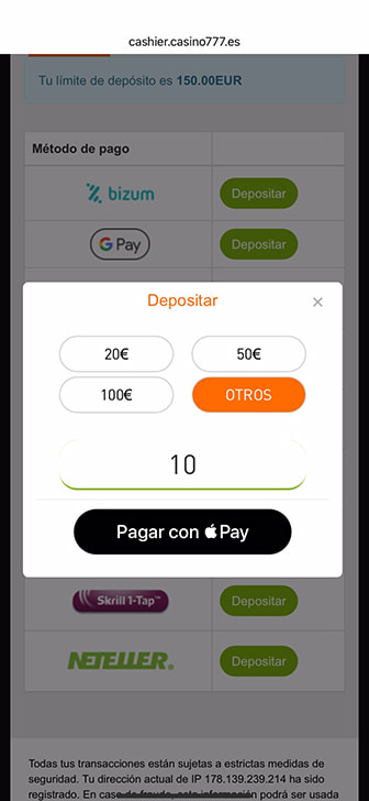 Depósito de 10€ en un casino que acepta Apple Pay.