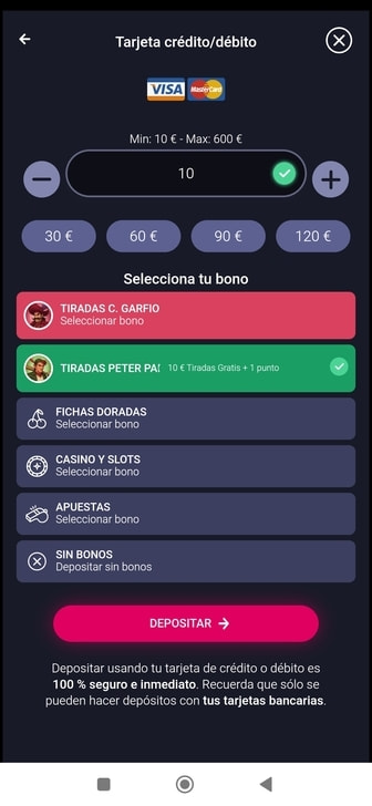 Ejemplo de depósito de 10 € realizado con Mastercard en casino online.