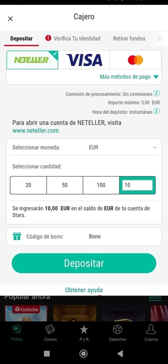 Ejemplo de un depósito de 10€ con el código del bono.