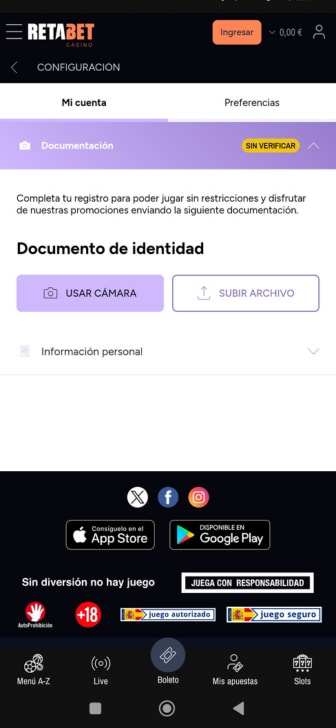 Pantalla de documentación de RETAbet Casino