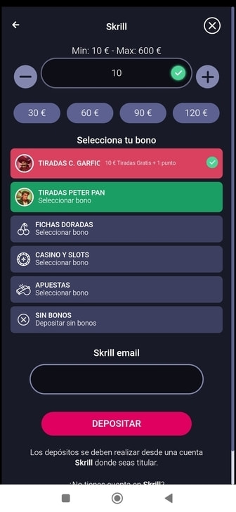 Depósito de 10 € realizado con Skrill en un casino online.