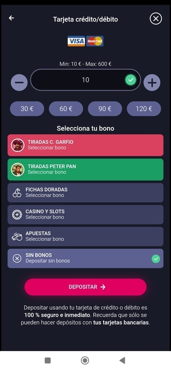 Depósito de 10€ en un casino online con tarjetas de crédito.