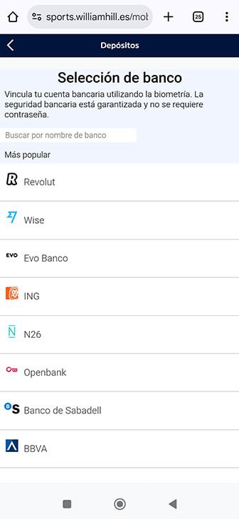 Selección del banco para depositar con transferencia bancaria