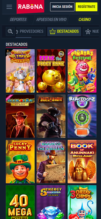 Catálogo de juegos del casino Rabona.