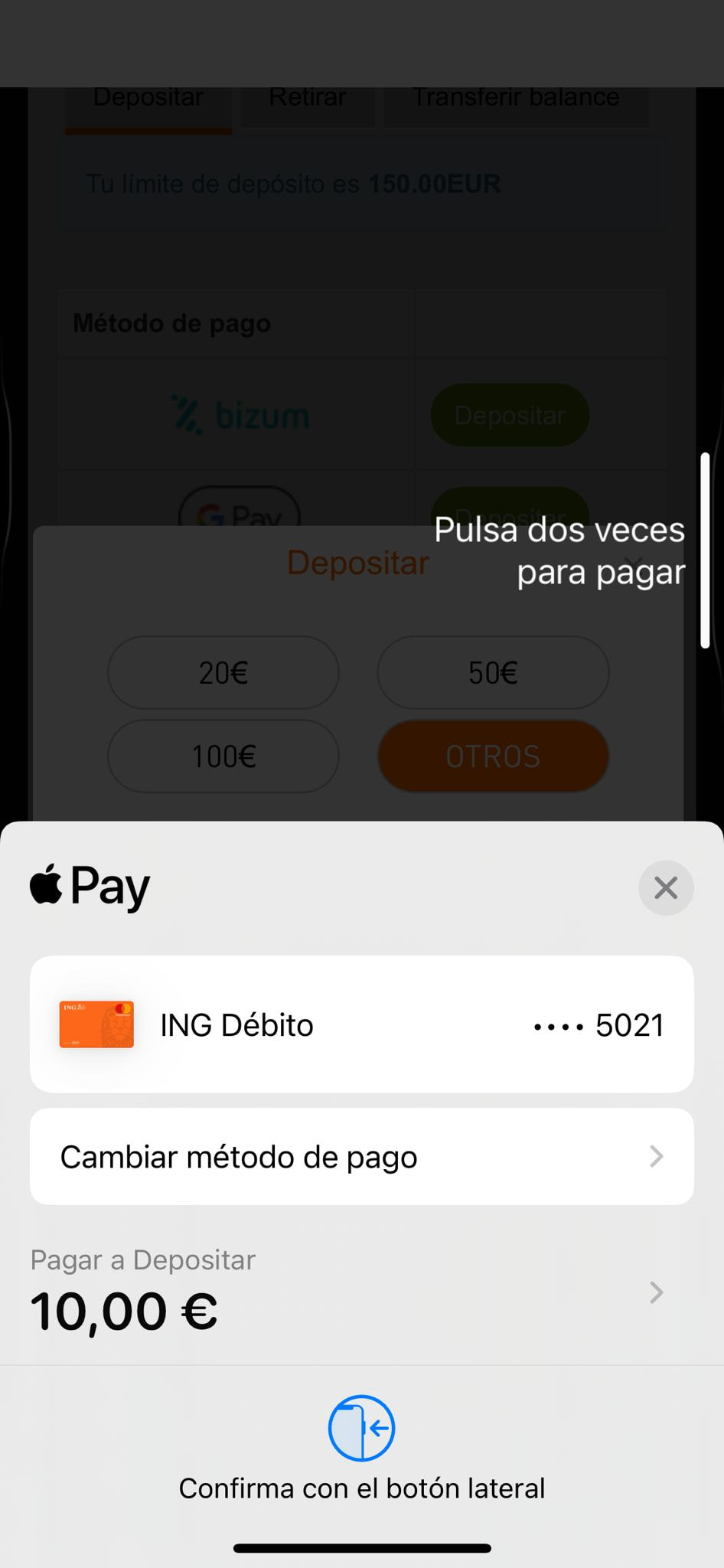 Confirmación del depósito en la entidad bancaria.