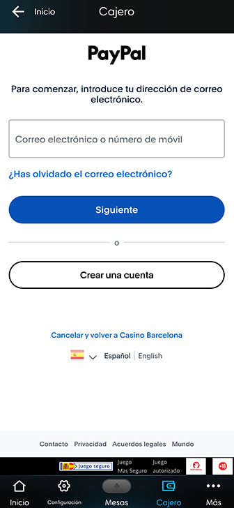 Pantalla de inicio de sesión de PayPal.