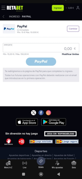Pantalla de ingreso con PayPal