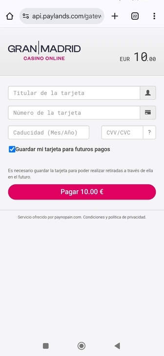 Pantalla de pago para introducir los datos de la tarjeta.