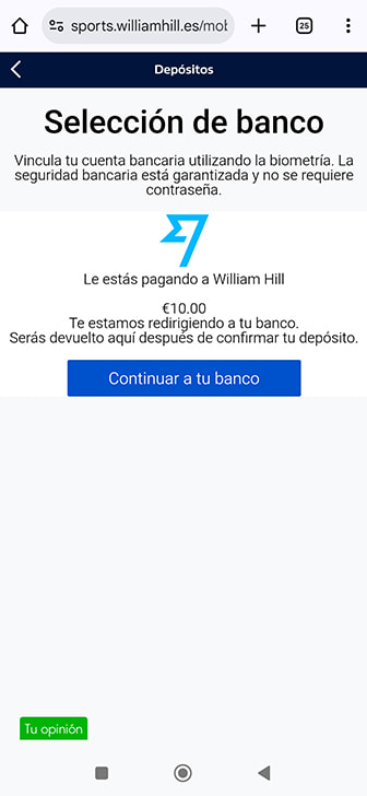 Realización de un depósito en el casino William Hill