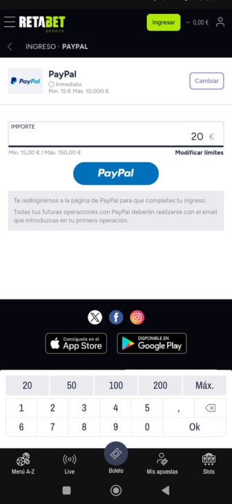 Pantalla de ingreso PayPal con importe 20 €