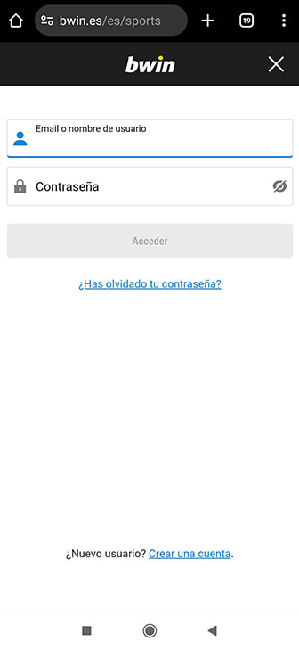 Página de acceso de usuario de bwin