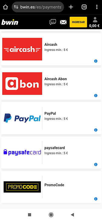 Página del cajero en la web de bwin