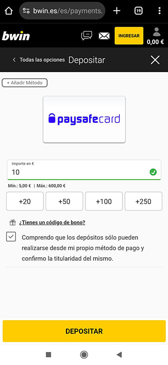 Página donde se ingresa dinero a través de PaysafeCard en la web de bwin.