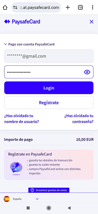 Página de acceso de usuario en PaysafeCard