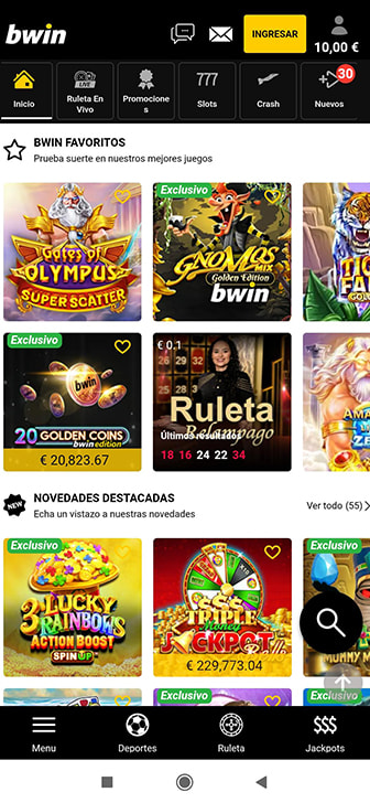 Sección de tragaperras disponibles en la web de bwin