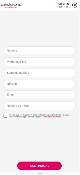 Formulario de registro en la web móvil de Gran Madrid Casino Online.