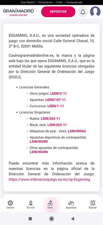 Listado de licencias en un casino online legal de España