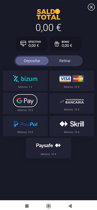 Selección de Visa como método de pago en un casino en línea