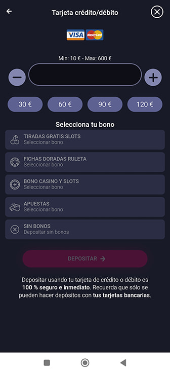 Cantidad de depósito en un casino online con Visa
