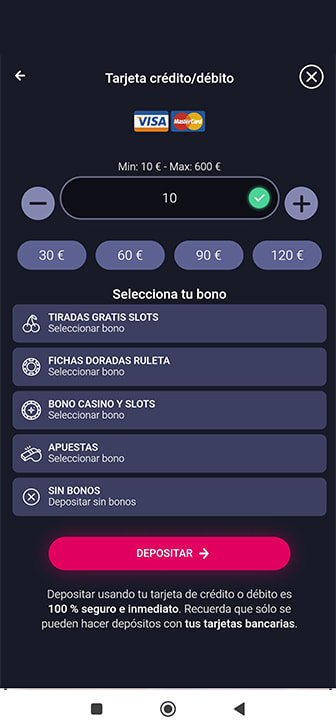 Depósito de 10€ en un casino que acepta Visa