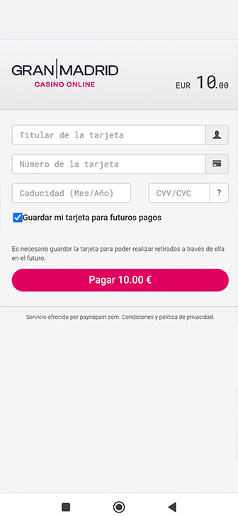 Confirmación de depósito en un casino
