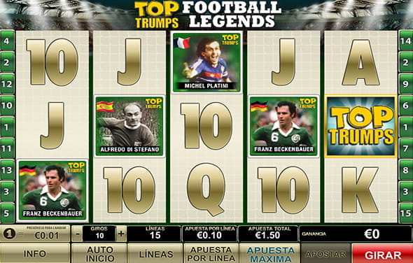 La pantalla de juego de la slot Top Trumps Football Legends de Playtech. Se ven varios símbolos al azar repartidos por los carretes.