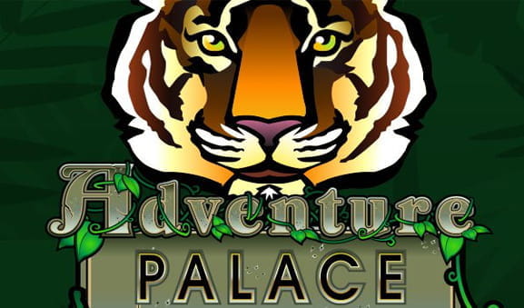 Carátula de la tragaperras Adventure Palace, de fondo verde con la cara de un tigre y el título de la máquina.