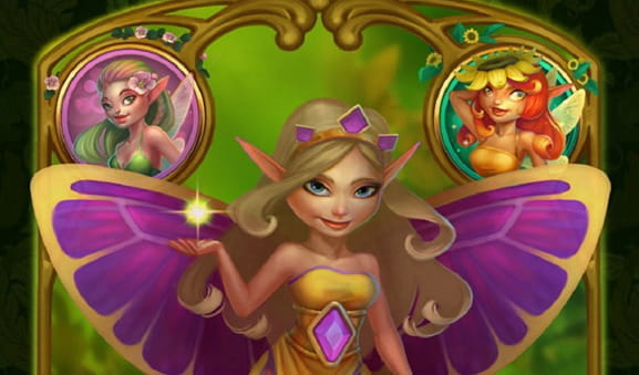 Carátula de la slot Goldwyn's Fairies, con tres de sus hadas protagonistas en primer plano: una en el centro y una en cada esquina superior.