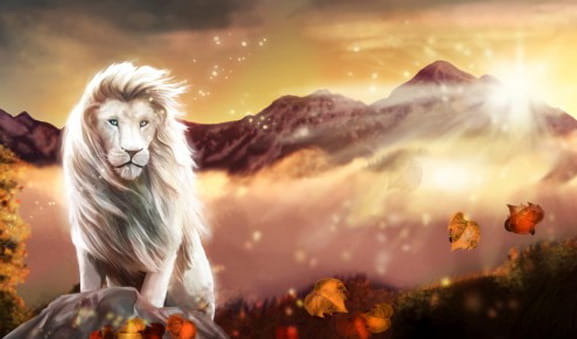 Carátula de la tragaperras White King, con un león blanco sobre una roca y con cumbres nevadas de fondo.