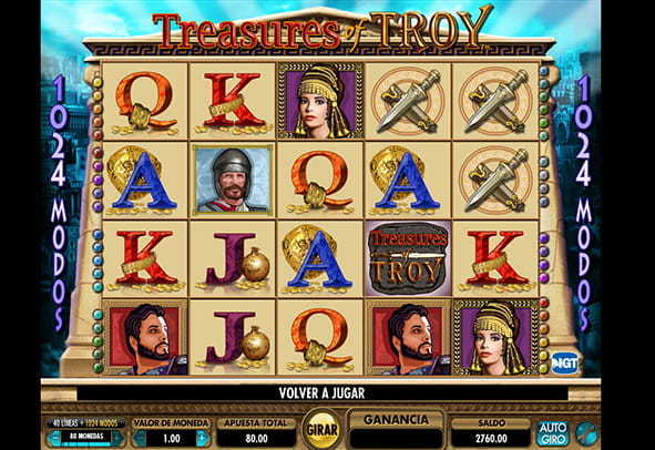 Pantalla de la slot Treasures de Troy de IGT, en la que aparecen sus cinco rodillos, cuatro filas y algunos de sus principales símbolos. A los lados de la pantalla aparece la palabra 1204 modos.