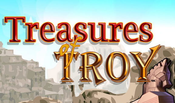 Portada de la slot Treasures of Troy de IGT con el nombre del juego y el famoso Caballo de Troya en la esquina inferior derecha.