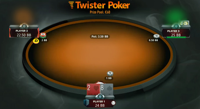Una imagen de una partida del juego de póker Twister donde el jugador 1 tiene una mano de 2 y 8.
