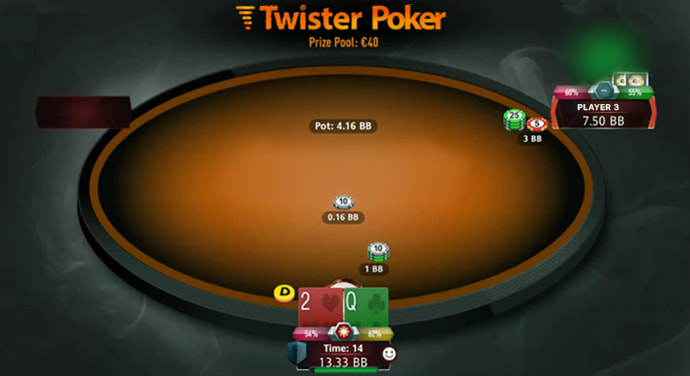 Una imagen de una partida del juego de póker Twister donde el jugador 1 tiene una mano de 2 y Q.