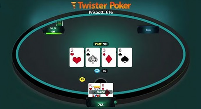 Una mesa de póker Twister con 4 manos comunitarias.