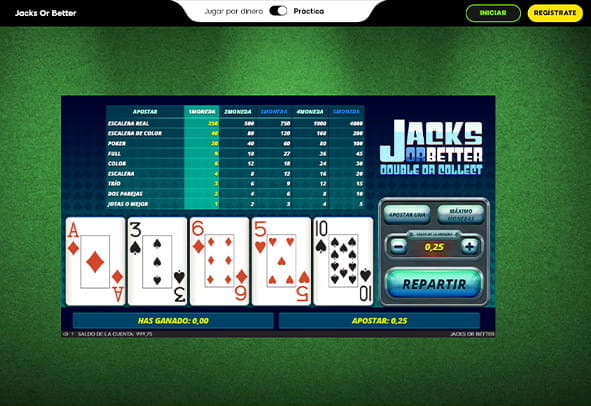 Videopóker Jacks or Better en 888casino con el reparto de la baraja.