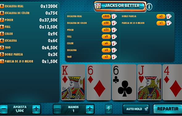 La máquina de vídeo póker Jacks or Better de Red Rake con una mano de 5 cartas.