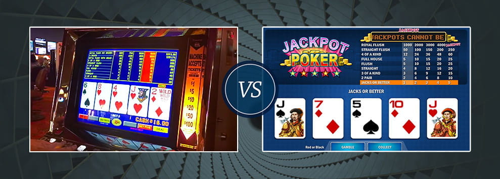 Dos imágenes enfrentadas de una máquina de vídeo póker en un casino físico y otra en un operador online.