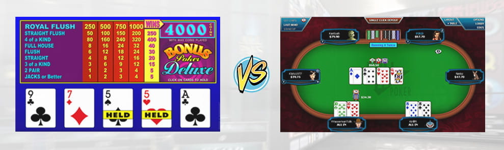 Comparativa de una máquina de vídeo póker y una mesa de póker online.