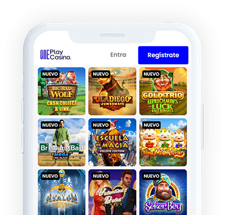 Un móvil con la página web de OnePlay Casino en la pantalla.
