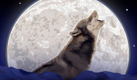 Un lobo aullando a una enorme luna llena, el logo de la slot Wolf Run desarrollada por IGT.